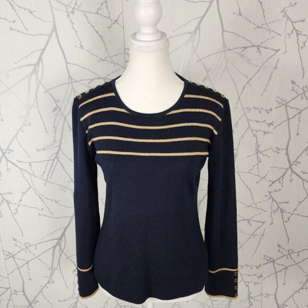 Alain Manoukian Navy Gold Stripe 49% Merino Wool Knit Sweater